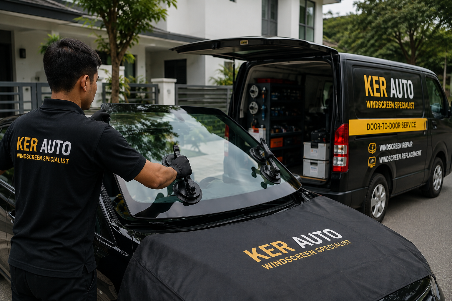 Ker Auto mobile team performing a door-to-door windscreen replacement