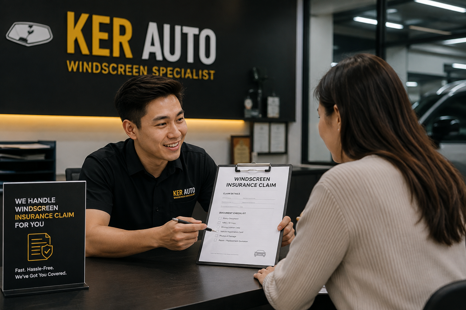 Windscreen insurance claim consultation at the Ker Auto service counter