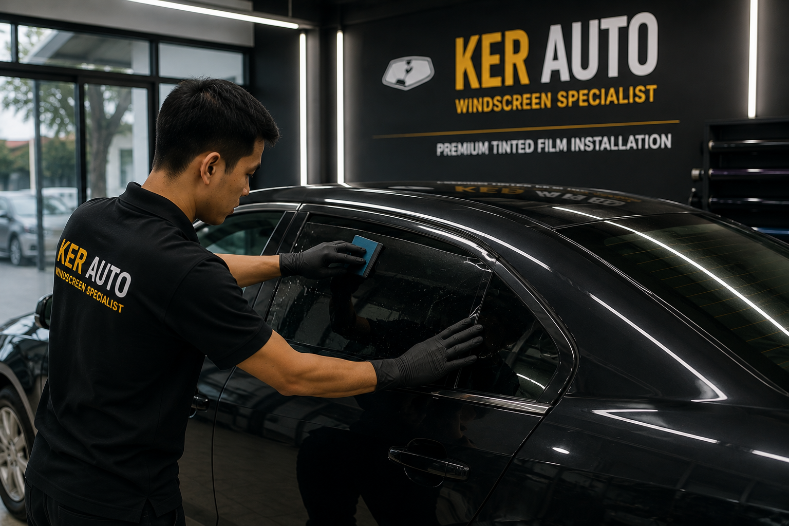 Premium tinted film installation on a car window by Ker Auto